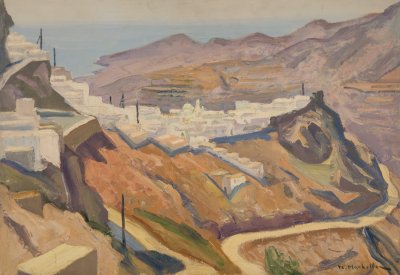 Serifos Night View — Oil painting, Fiberboard, 38.00×55.00cm — Theodoros Markellos
